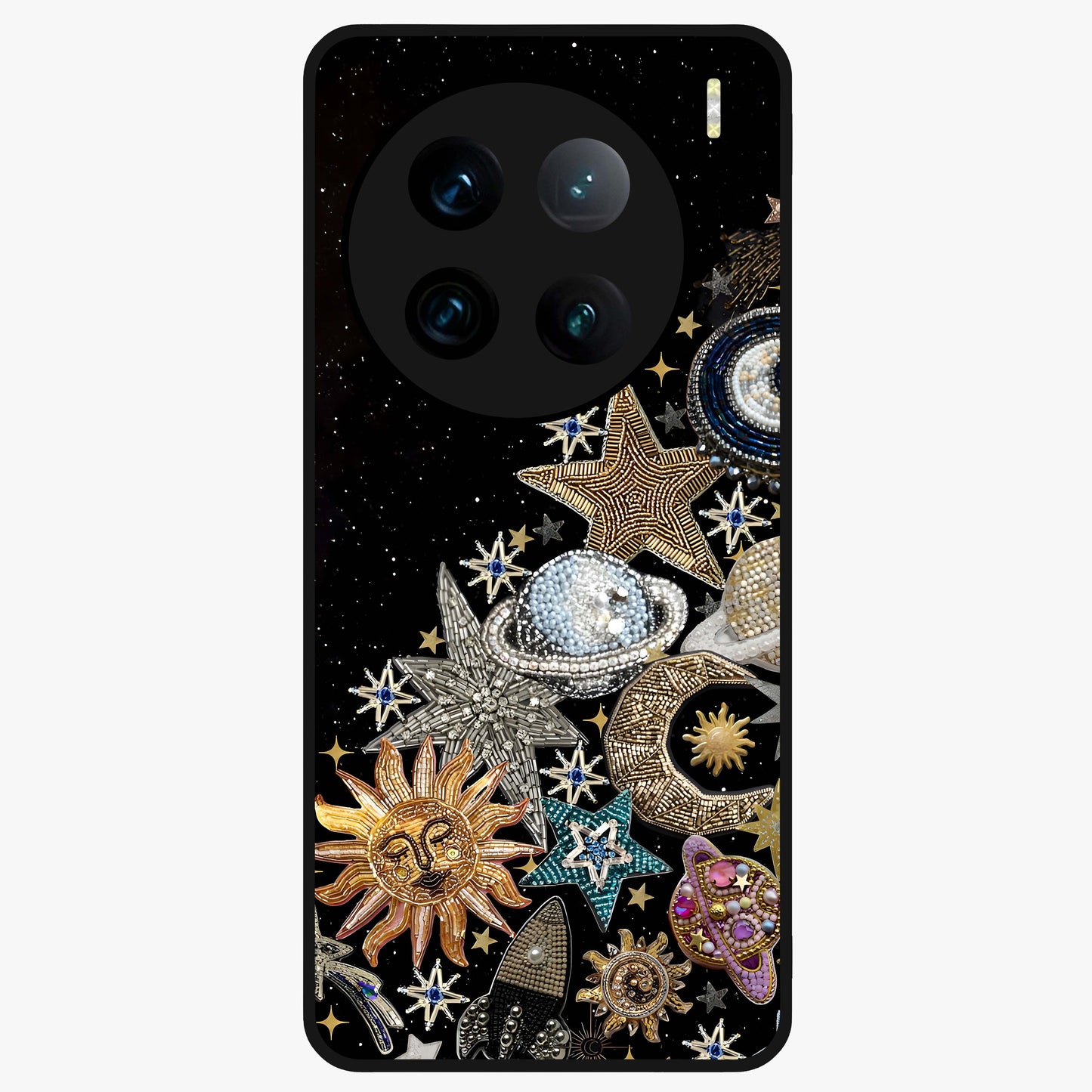 Cosmic Sparkle Dreams Glass Case showing flat back view with sparkling cosmic artwork and glossy glass finish.