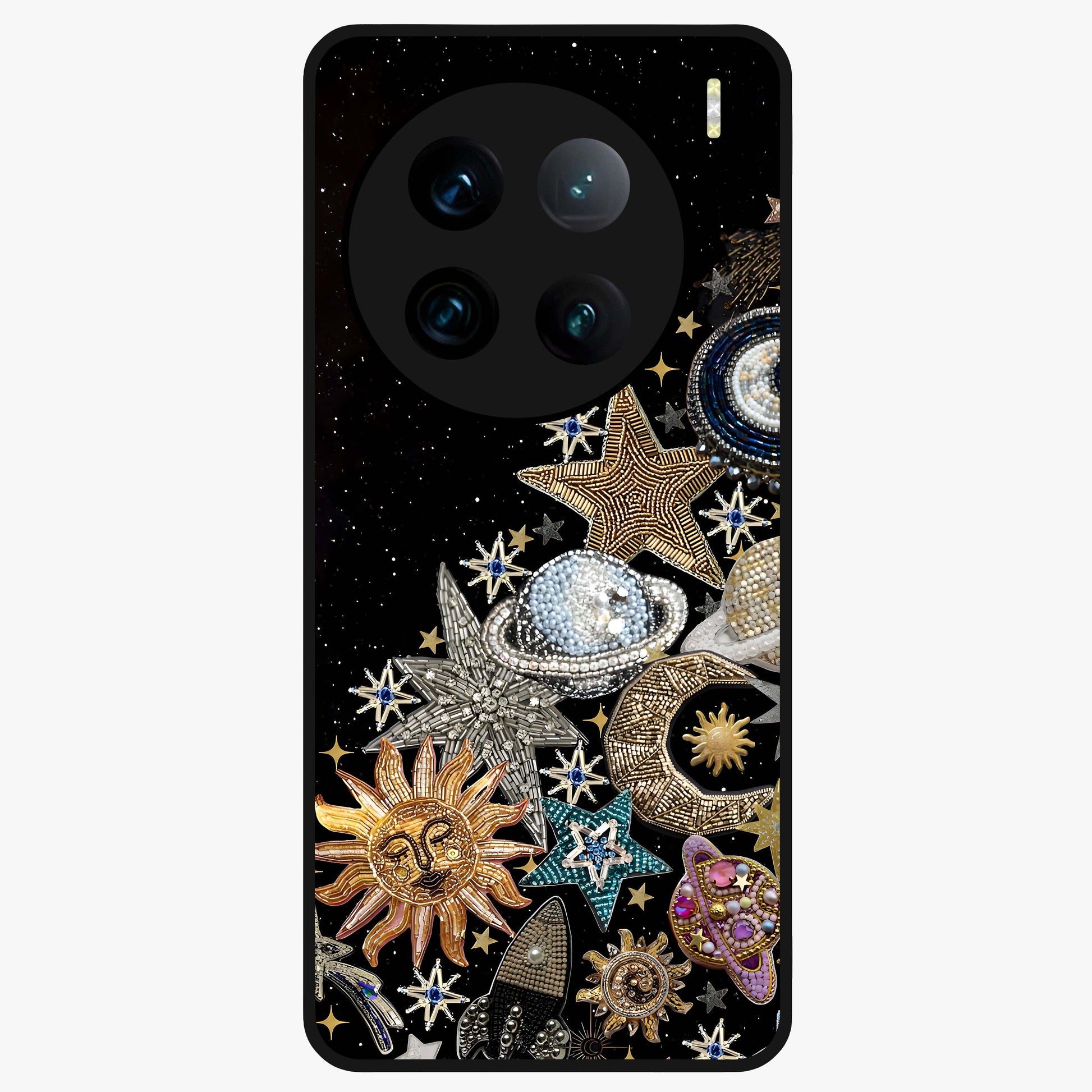 Cosmic Sparkle Dreams Glass Case showing flat back view with sparkling cosmic artwork and glossy glass finish.