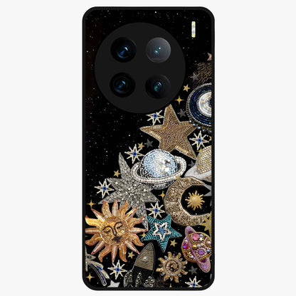 Cosmic Sparkle Dreams Glass Case showing flat back view with sparkling cosmic artwork and glossy glass finish.