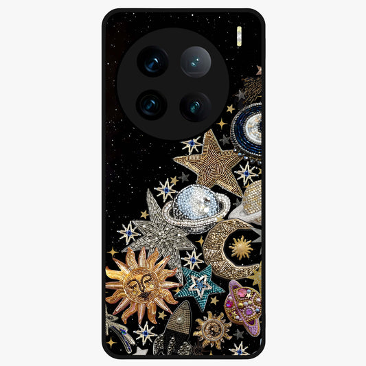 Cosmic Sparkle Dreams Glass Case showing flat back view with sparkling cosmic artwork and glossy glass finish.