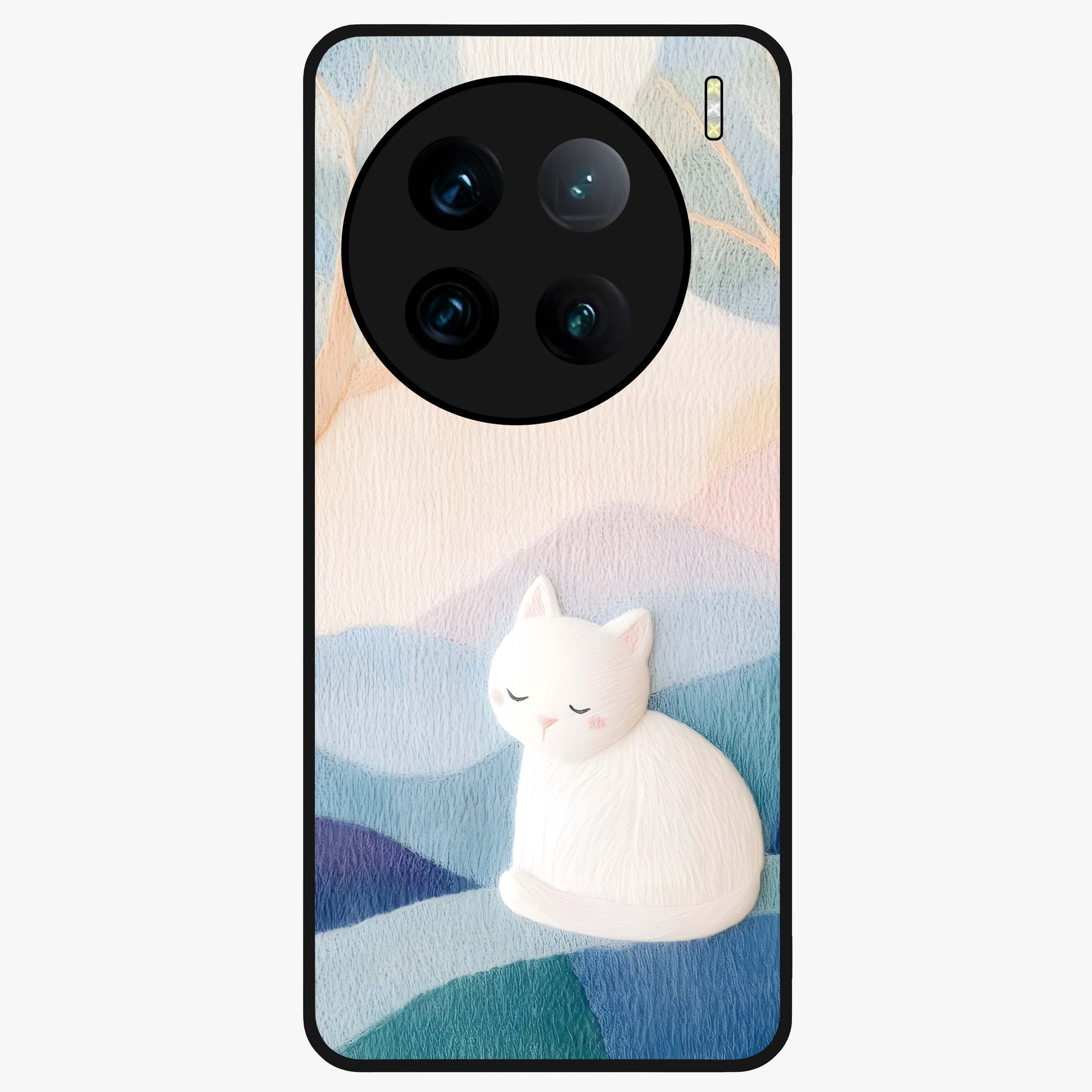Cotton Dream Cat Glass Case showing flat back view with soft dreamy cat artwork and glossy glass finish.
