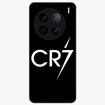 Cr7 Elite Strike Glass Case showing flat back view with dynamic football inspired artwork and glossy glass finish.