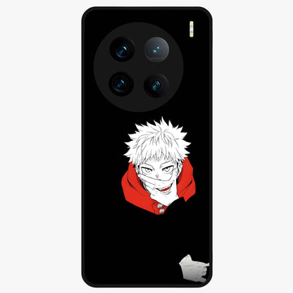 Crimson Chaos Smile Glass Case showing flat back view with bold chaotic smile artwork and glossy glass finish.
