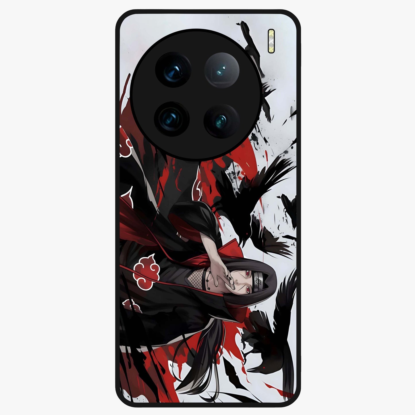 Crimson Crow Illusion Glass Case showing flat back view with artistic crow illusion artwork and glossy glass finish.