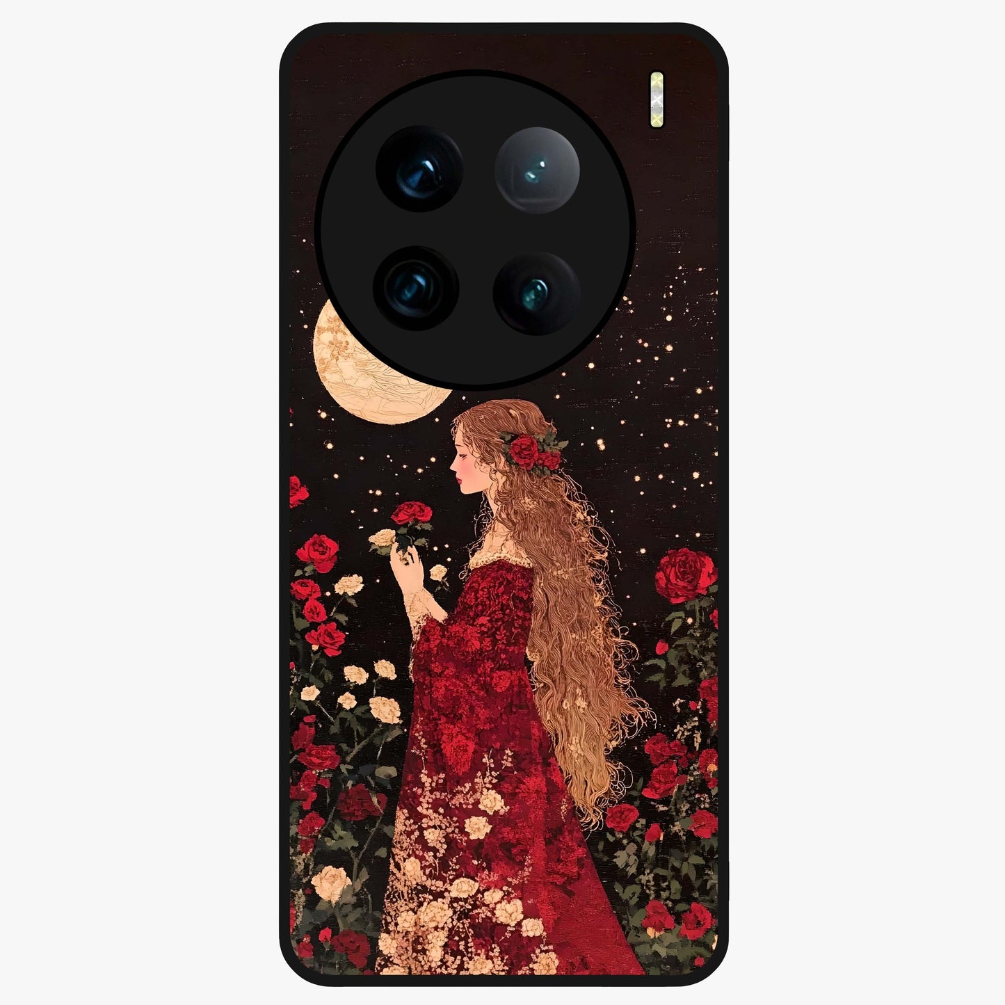 Crimson Dreams Glass Case showing flat back view with dreamy crimson artwork and glossy glass finish.