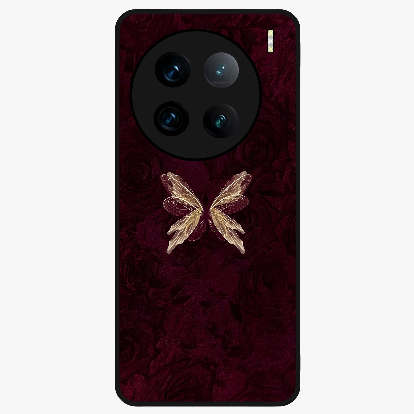 Crimson Fade Butterfly Glass Case showing flat back view with fading butterfly artwork and glossy glass finish.