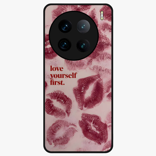 Crimson Kiss Love Glass Case showing flat back view with romantic crimson themed artwork and glossy glass finish.