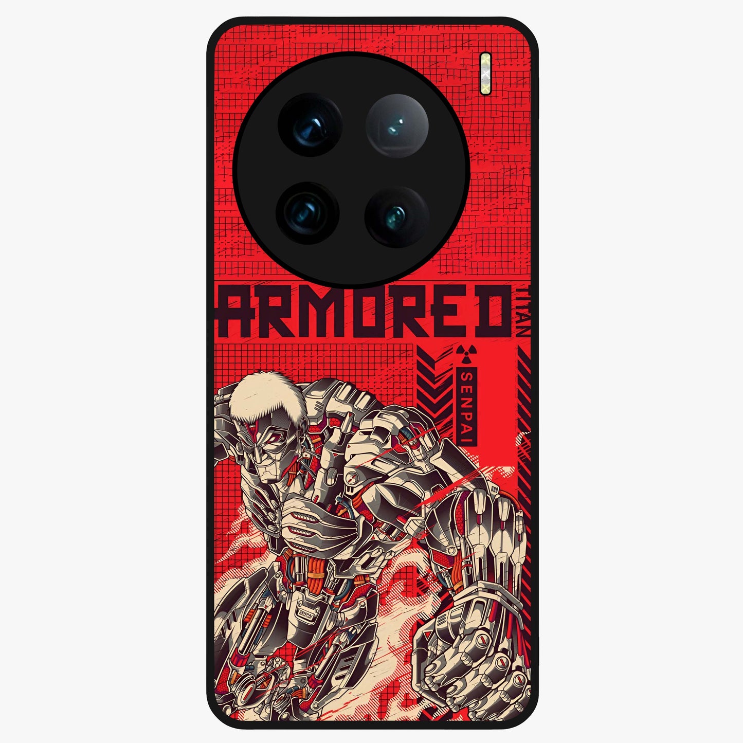 Crimson Mecha Titan Glass Case showing flat back view with powerful mech titan artwork and glossy glass finish.