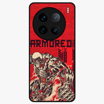 Crimson Mecha Titan Glass Case showing flat back view with powerful mech titan artwork and glossy glass finish.
