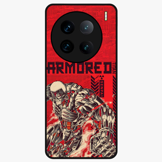 Crimson Mecha Titan Glass Case showing flat back view with powerful mech titan artwork and glossy glass finish.