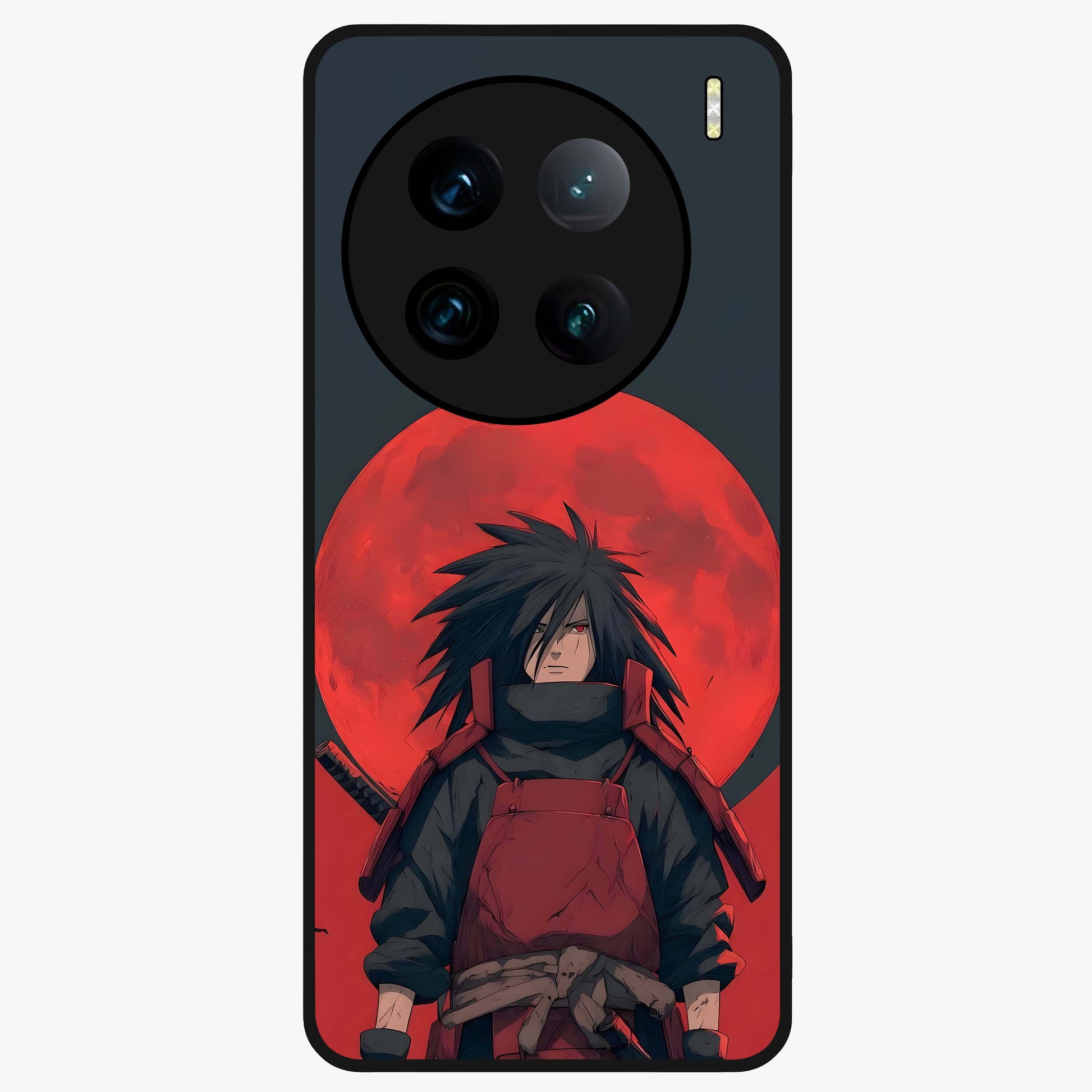 Crimson Moon Warlord Glass Case showing flat back view with mystical moon warrior artwork and glossy glass finish.