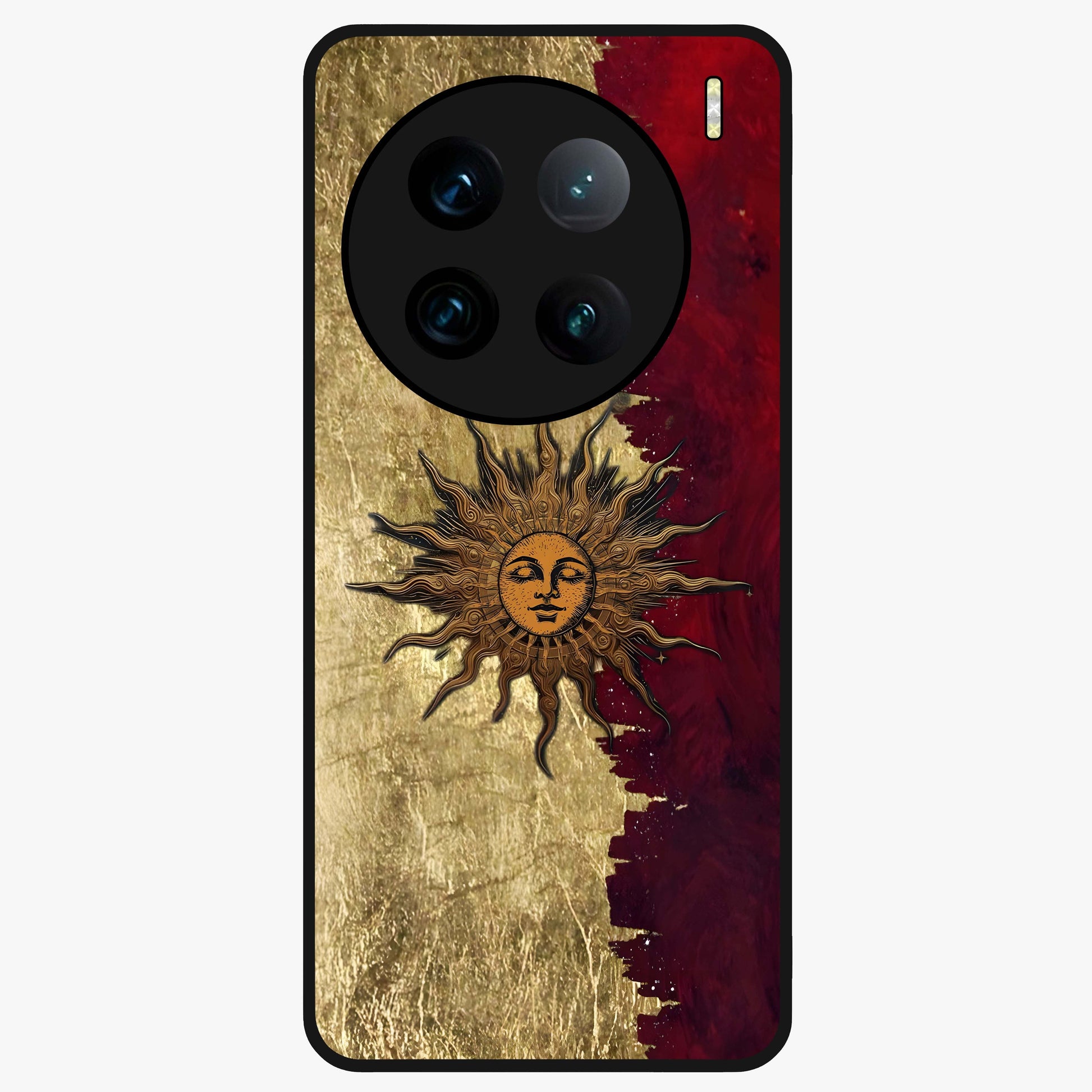Crimson Sun Majesty Glass Case showing flat back view with radiant sun inspired artwork and glossy glass finish.