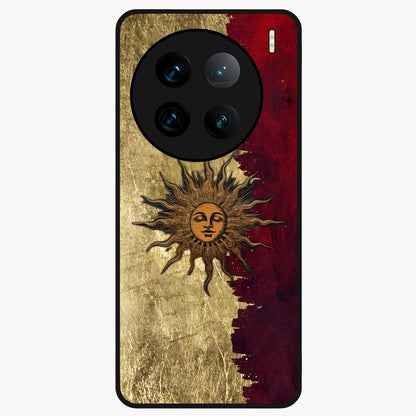 Crimson Sun Majesty Glass Case showing flat back view with radiant sun inspired artwork and glossy glass finish.