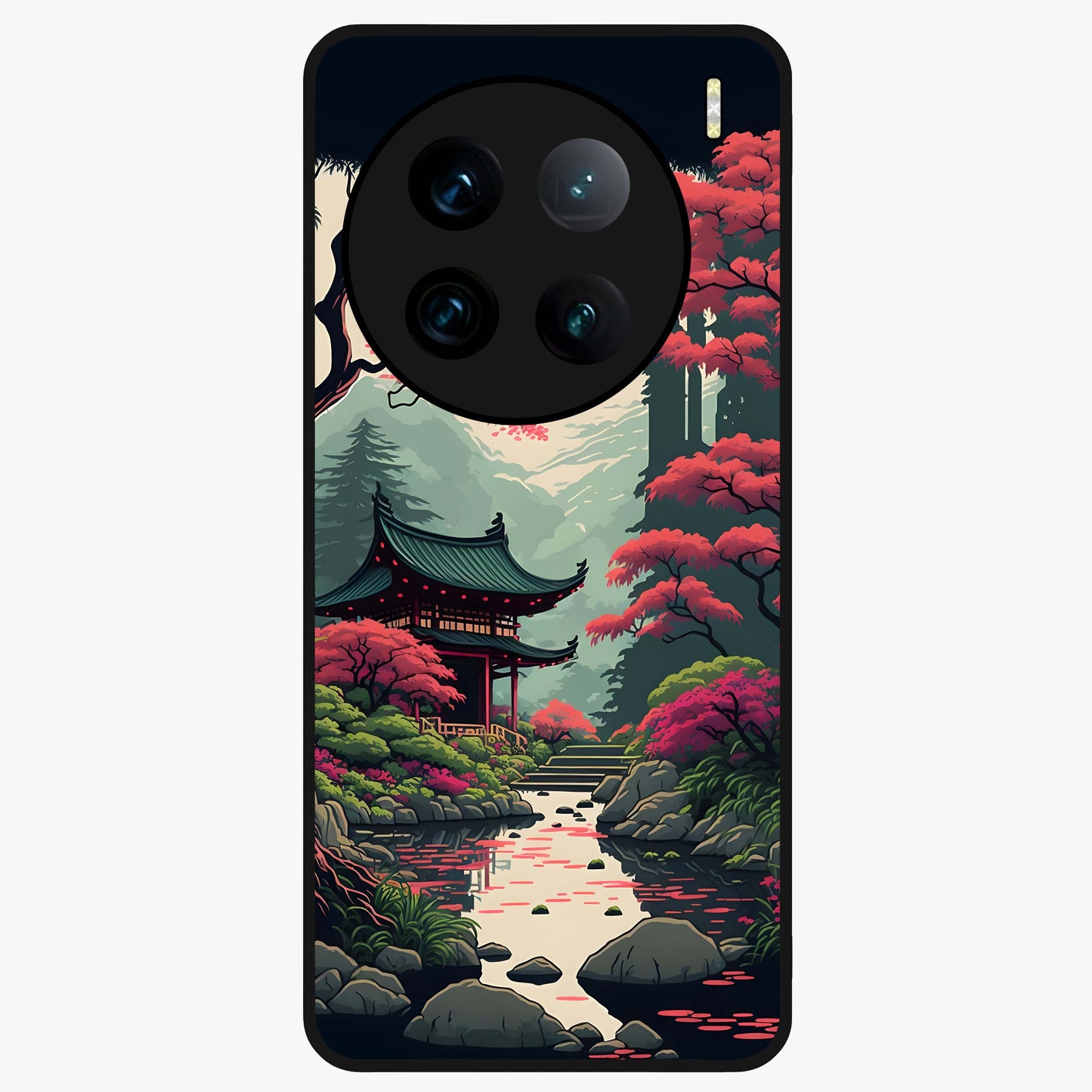 Crimson Temple View Glass Case showing flat back view with temple inspired artwork and glossy glass finish.