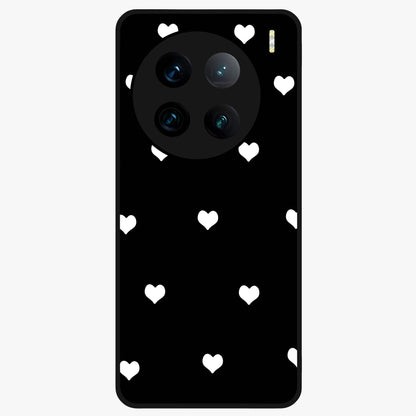 Cute And Simple White Hearts Glass Case showing flat back view with minimal white heart pattern and glossy glass finish.