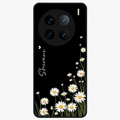Daisy Cascade Custom Name Glass Case showing flat back view with cascading daisy flowers and personalized name design.
