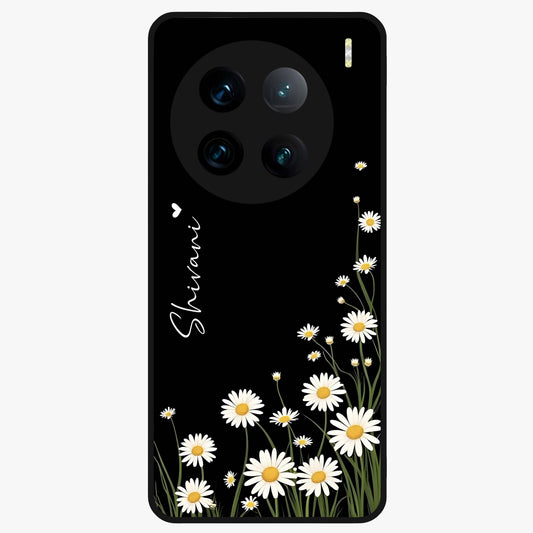 Daisy Cascade Custom Name Glass Case showing flat back view with cascading daisy flowers and personalized name design.