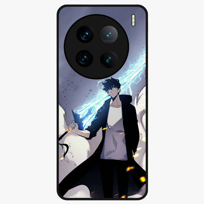 Dark Lightning Anime Warrior Glass Case showing flat back view with intense anime warrior artwork and glossy glass finish.