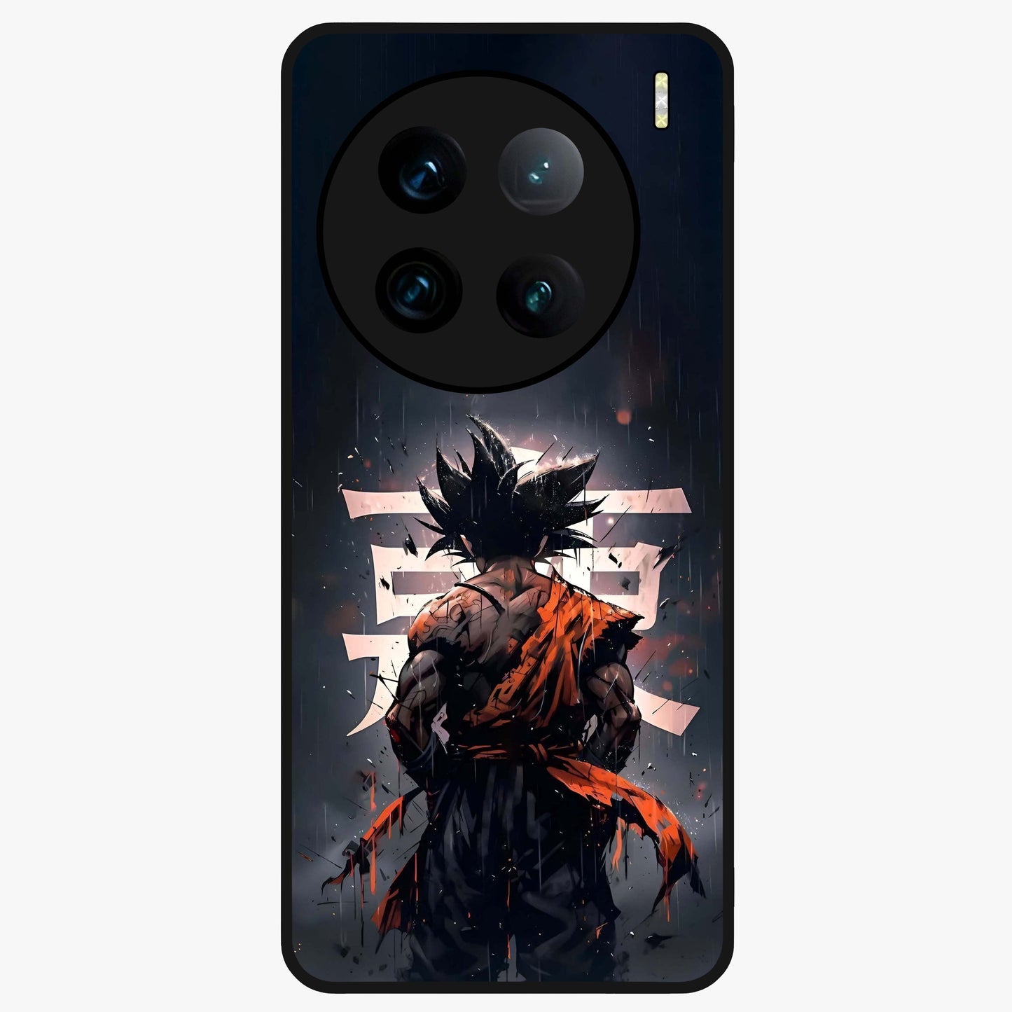 Dark Warrior In Rain Glass Case showing flat back view with warrior artwork in rainy atmosphere and glossy glass finish.