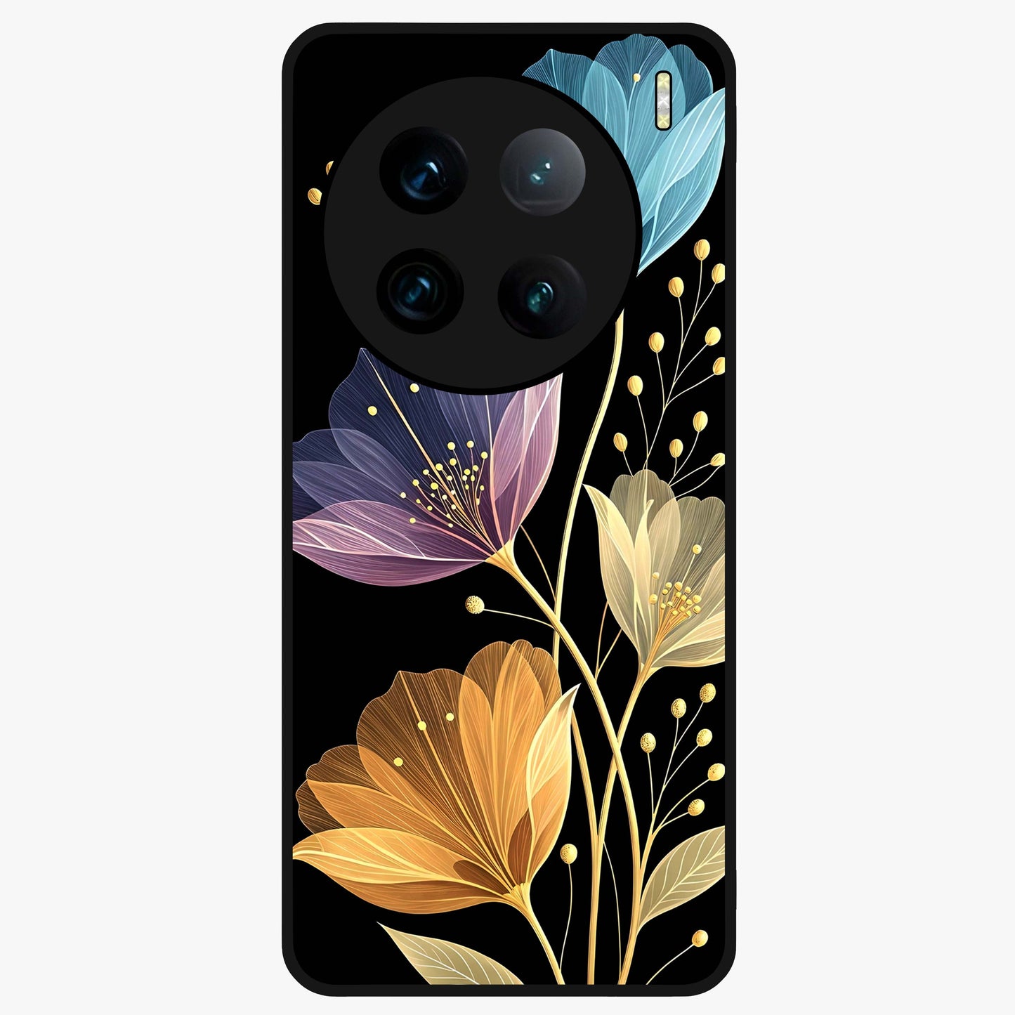 Delicate Multicolor Flowers Glass Case showing flat back view with vibrant floral artwork and glossy glass finish.