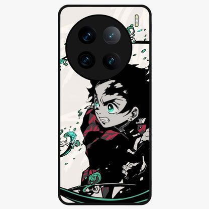 Demon Slayer Glass Case showing flat back view with bold anime inspired artwork and glossy glass finish.