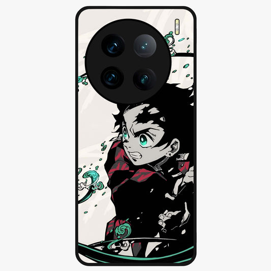 Demon Slayer Glass Case showing flat back view with bold anime inspired artwork and glossy glass finish.