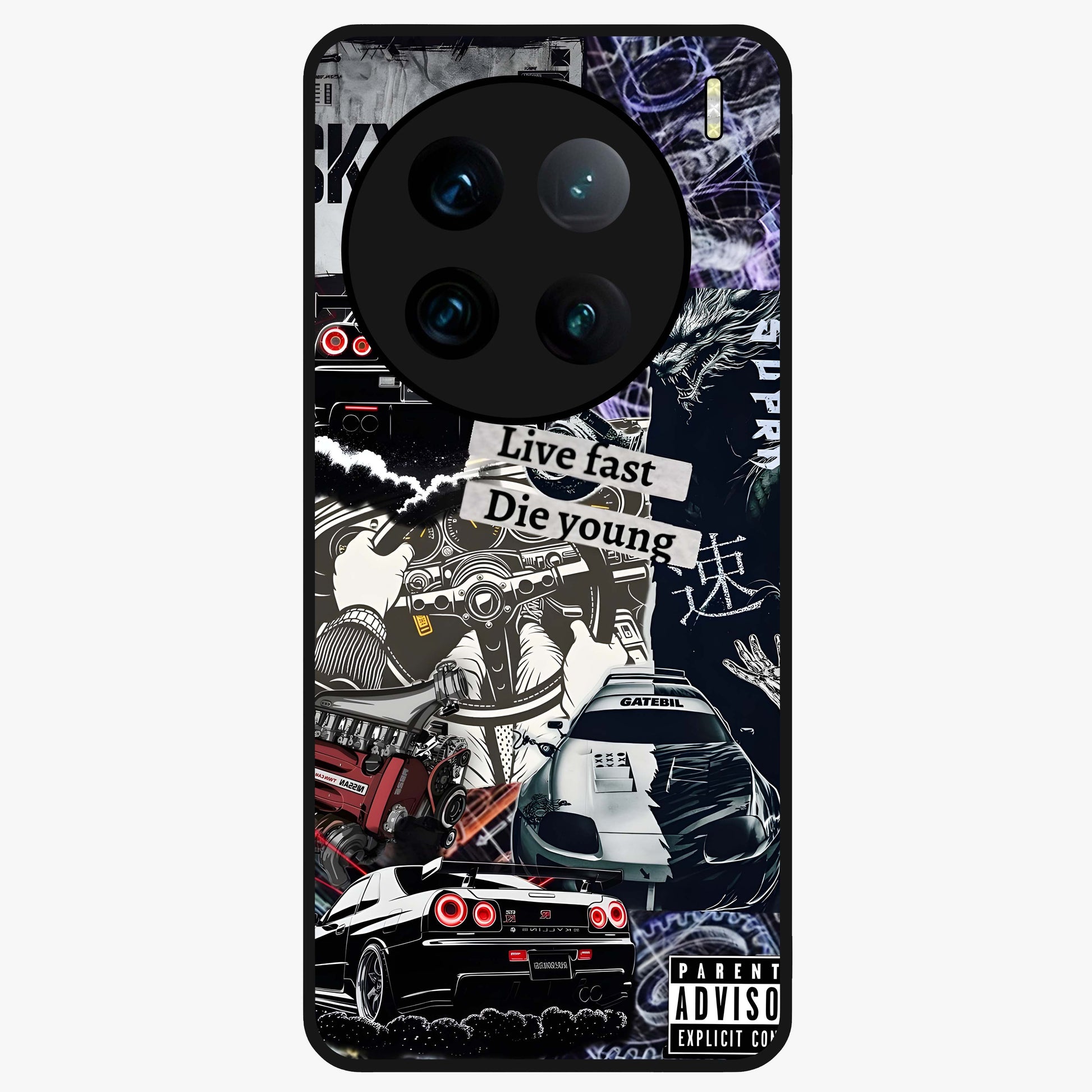 Die Young Glass Case showing flat back view with bold artistic typography design and glossy glass finish.