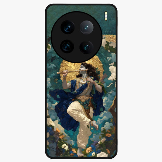 Divine Krishna Art Glass Case showing flat back view with Lord Krishna artwork and glossy glass finish.