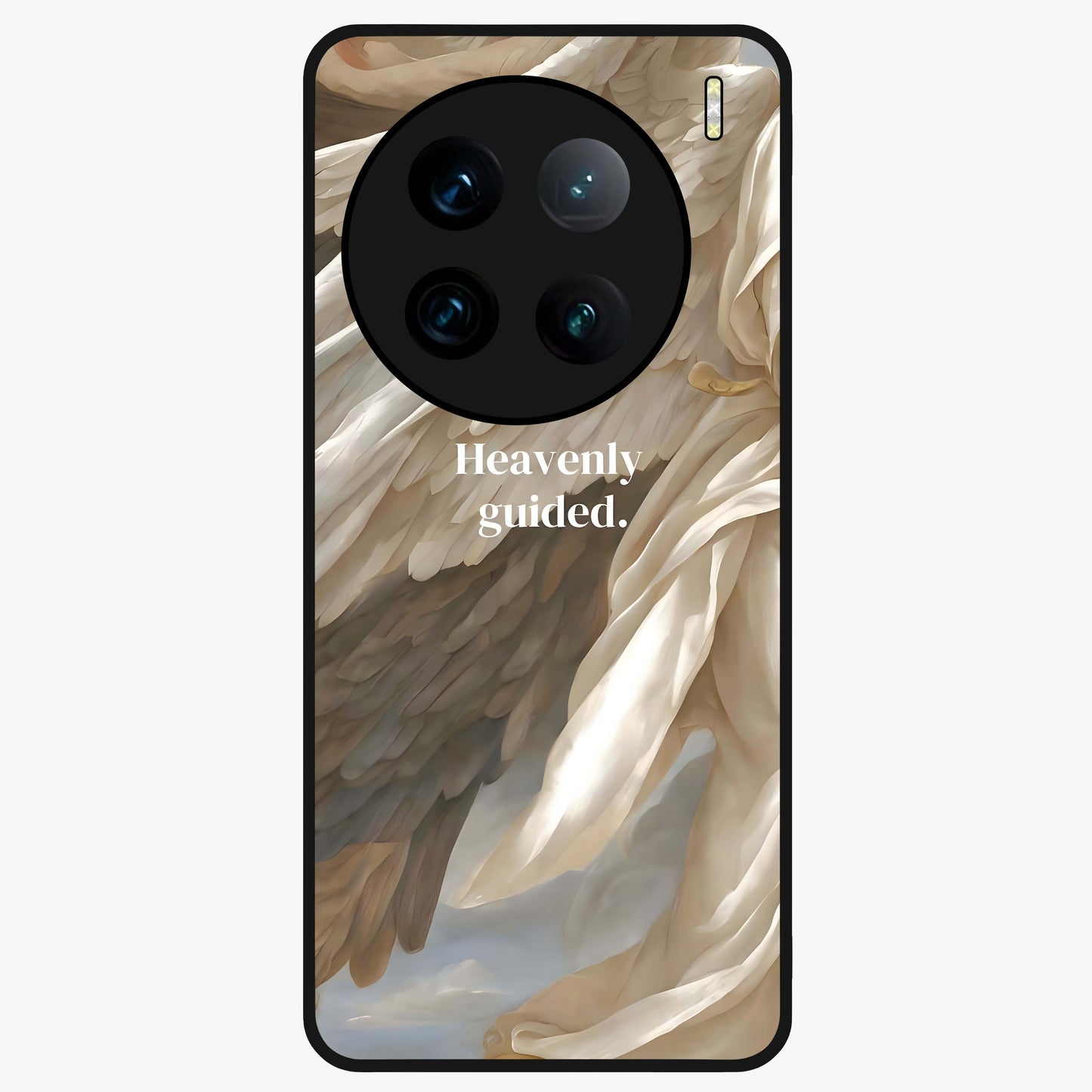 Divine Winged Grace Glass Case showing flat back view with elegant wing inspired artwork and glossy glass finish.