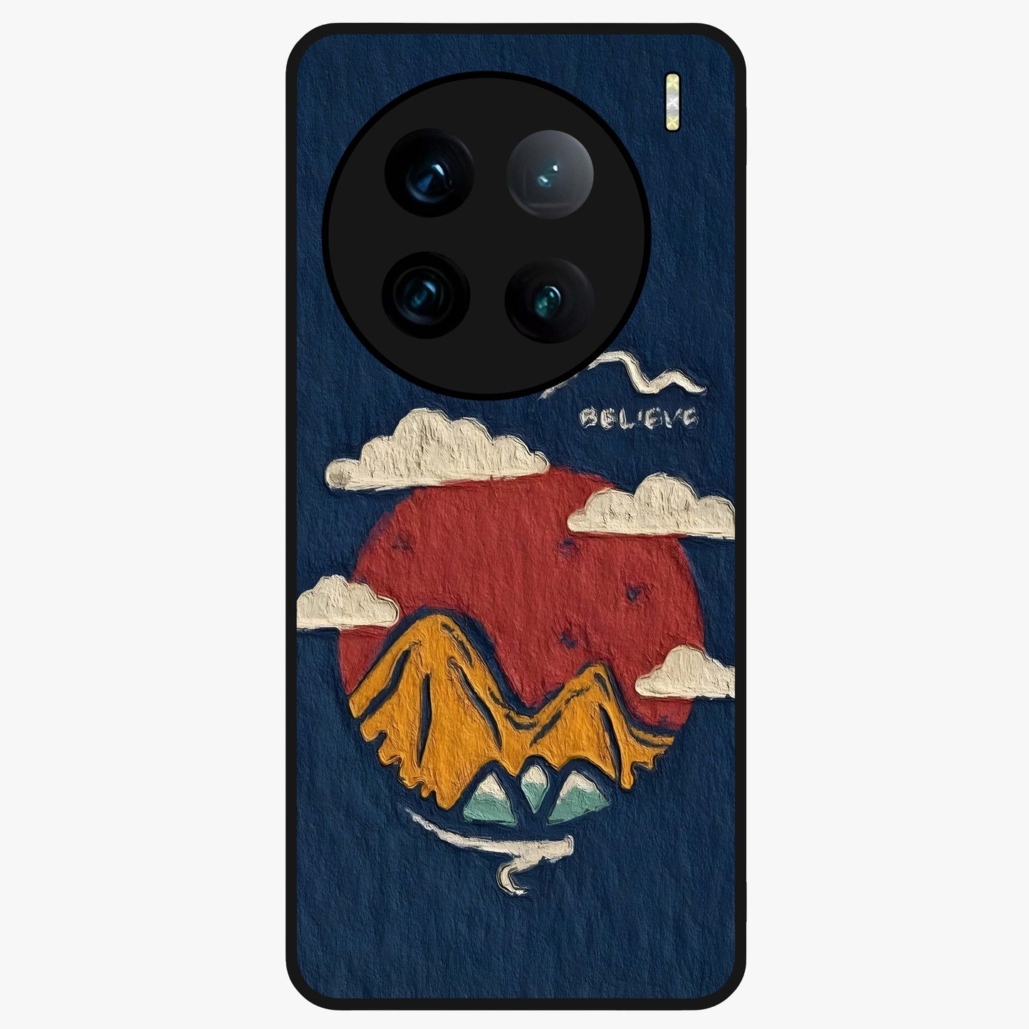 Dream Beyond Mountains Glass Case showing flat back view with scenic mountain landscape artwork and glossy glass finish.