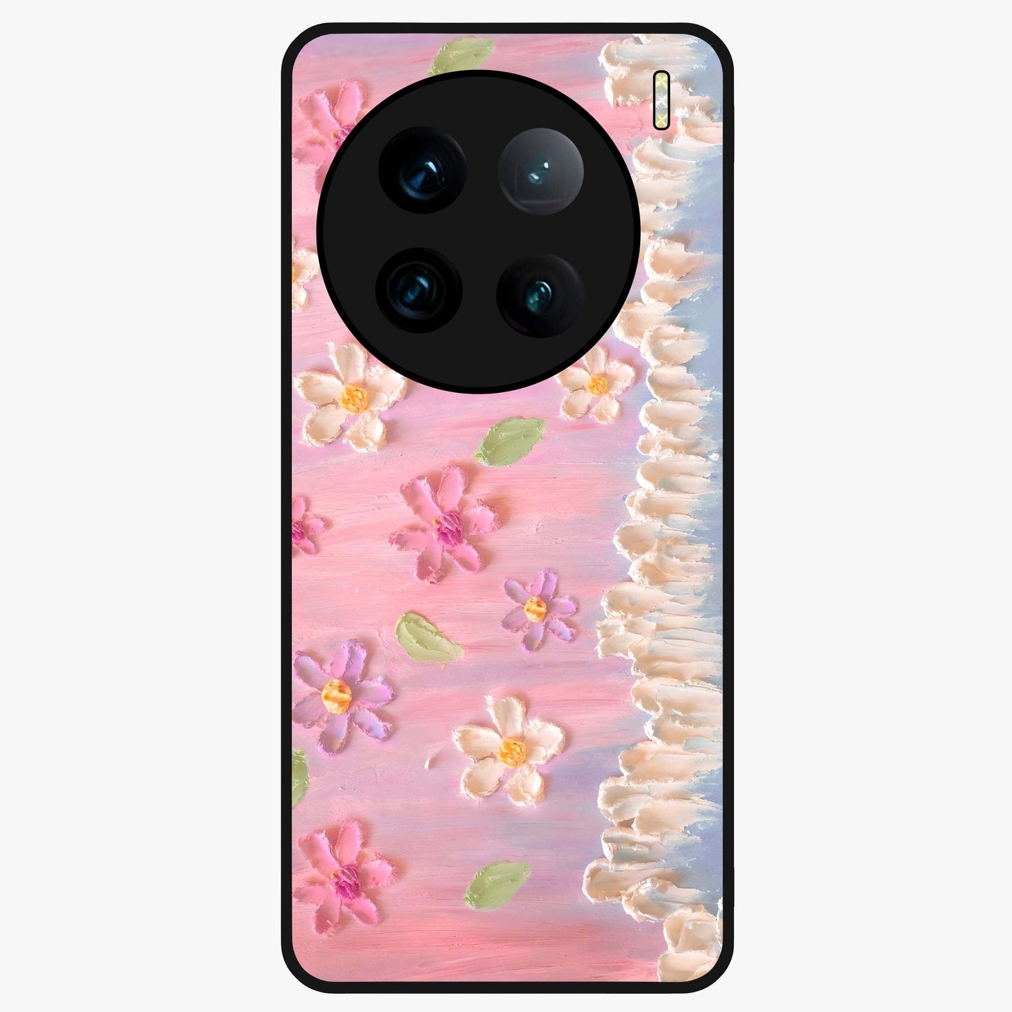 Dreamy Painted Garden Glass Case showing flat back view with artistic painted floral garden artwork and glossy glass finish.