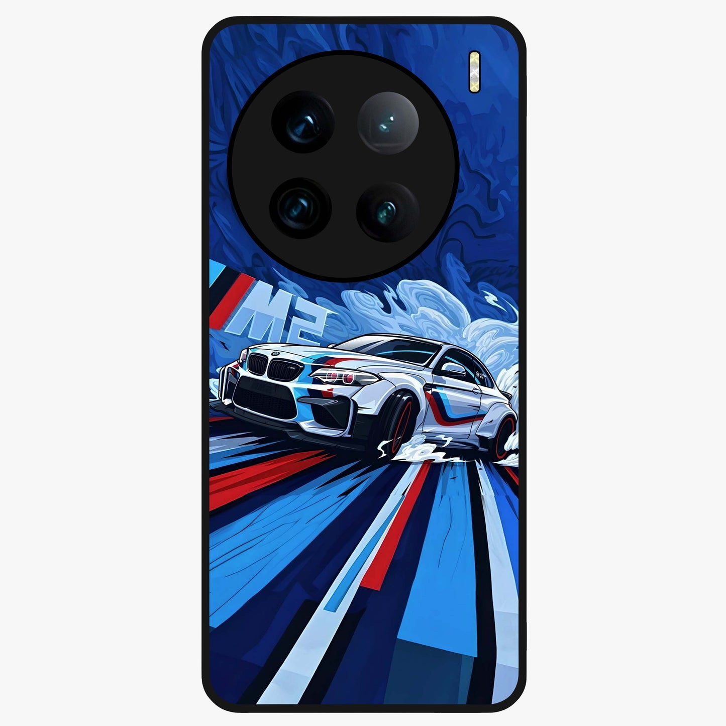 Drift Power Rush Glass Case showing flat back view with dynamic racing inspired artwork and glossy glass finish.