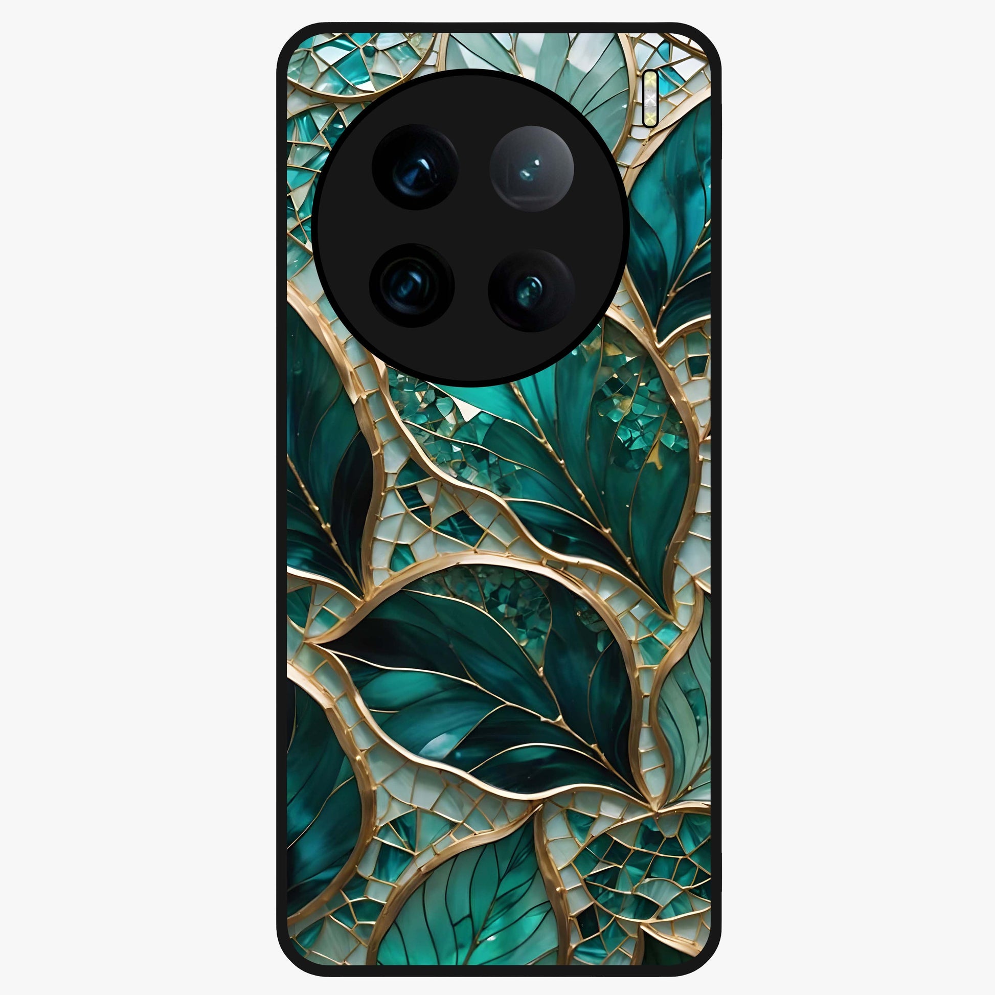 Emerald Leaf Glass Glass Case showing flat back view with emerald green leaf artwork and glossy glass finish.