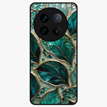 Emerald Leaf Glass Glass Case showing flat back view with emerald green leaf artwork and glossy glass finish.