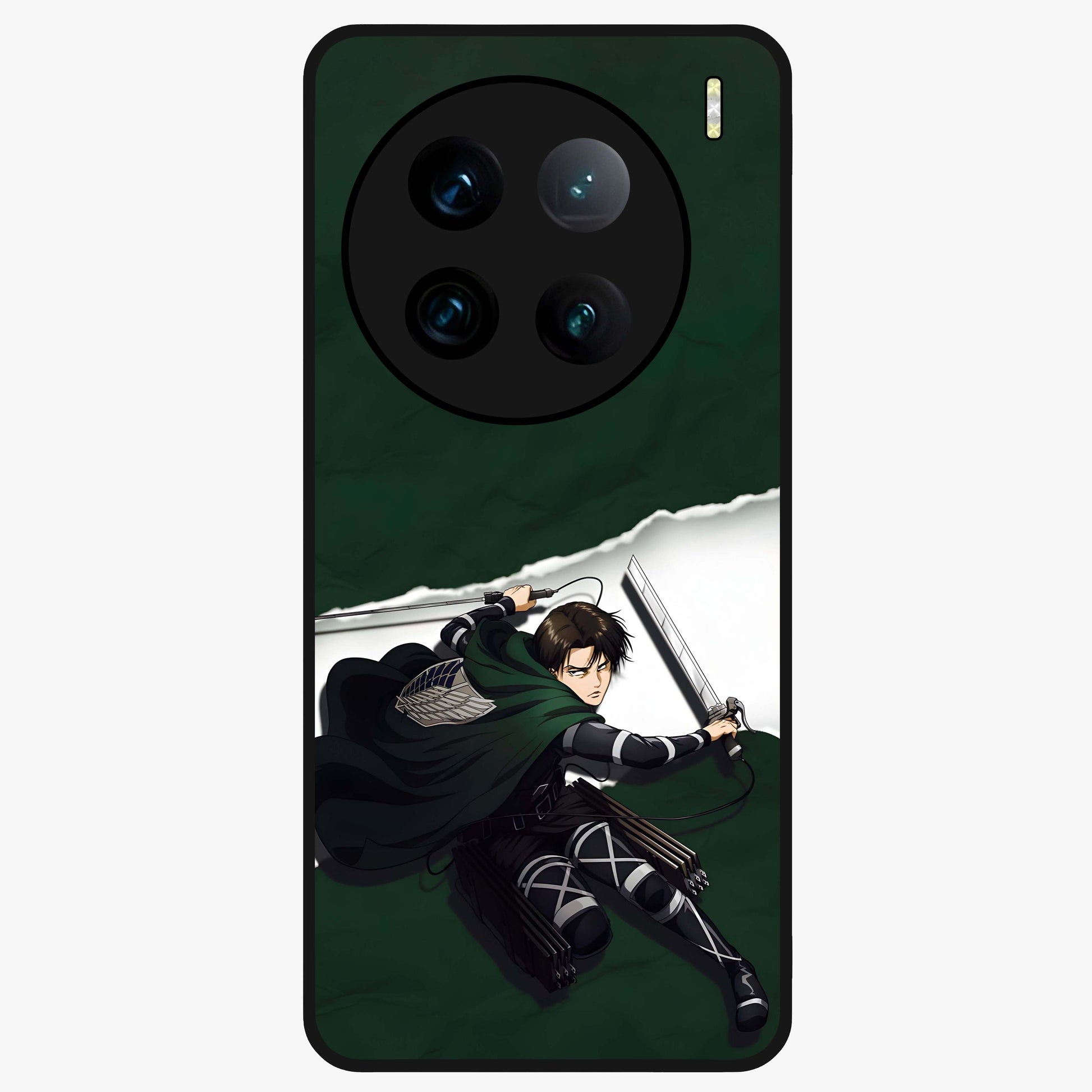 Emerald War Vanguard Glass Case showing flat back view with powerful warrior themed artwork and glossy glass finish.