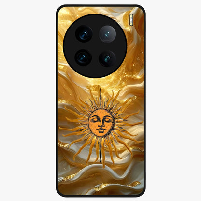 Eternal Golden Glow Glass Case showing flat back view with radiant golden themed artwork and glossy glass finish.