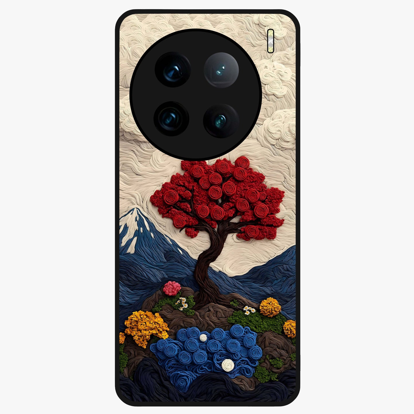 Eternal Nature Tapestry Glass Case showing flat back view with intricate nature tapestry artwork and glossy glass finish.