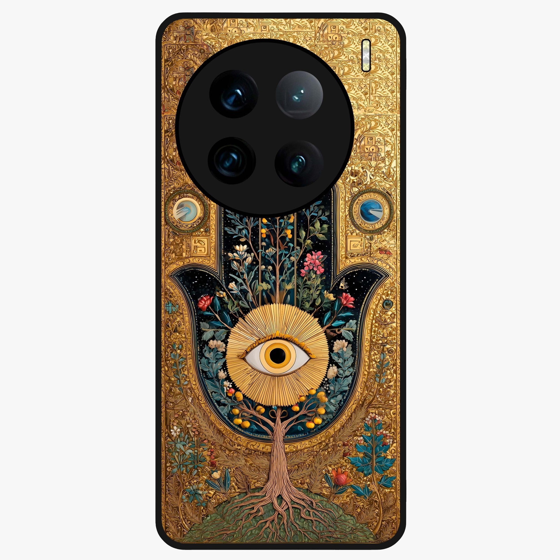 Ethereal Evil Eye Glass Case showing flat back view with mystical evil eye artwork and glossy glass finish.