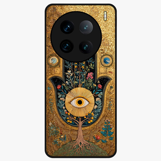 Ethereal Evil Eye Glass Case showing flat back view with mystical evil eye artwork and glossy glass finish.