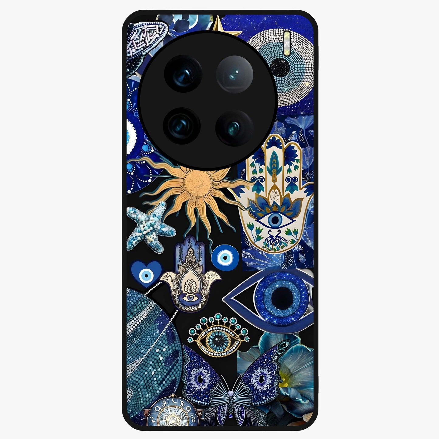 Evil Eye Charm Mix Glass Case showing flat back view with multiple evil eye charms artwork and glossy glass finish.