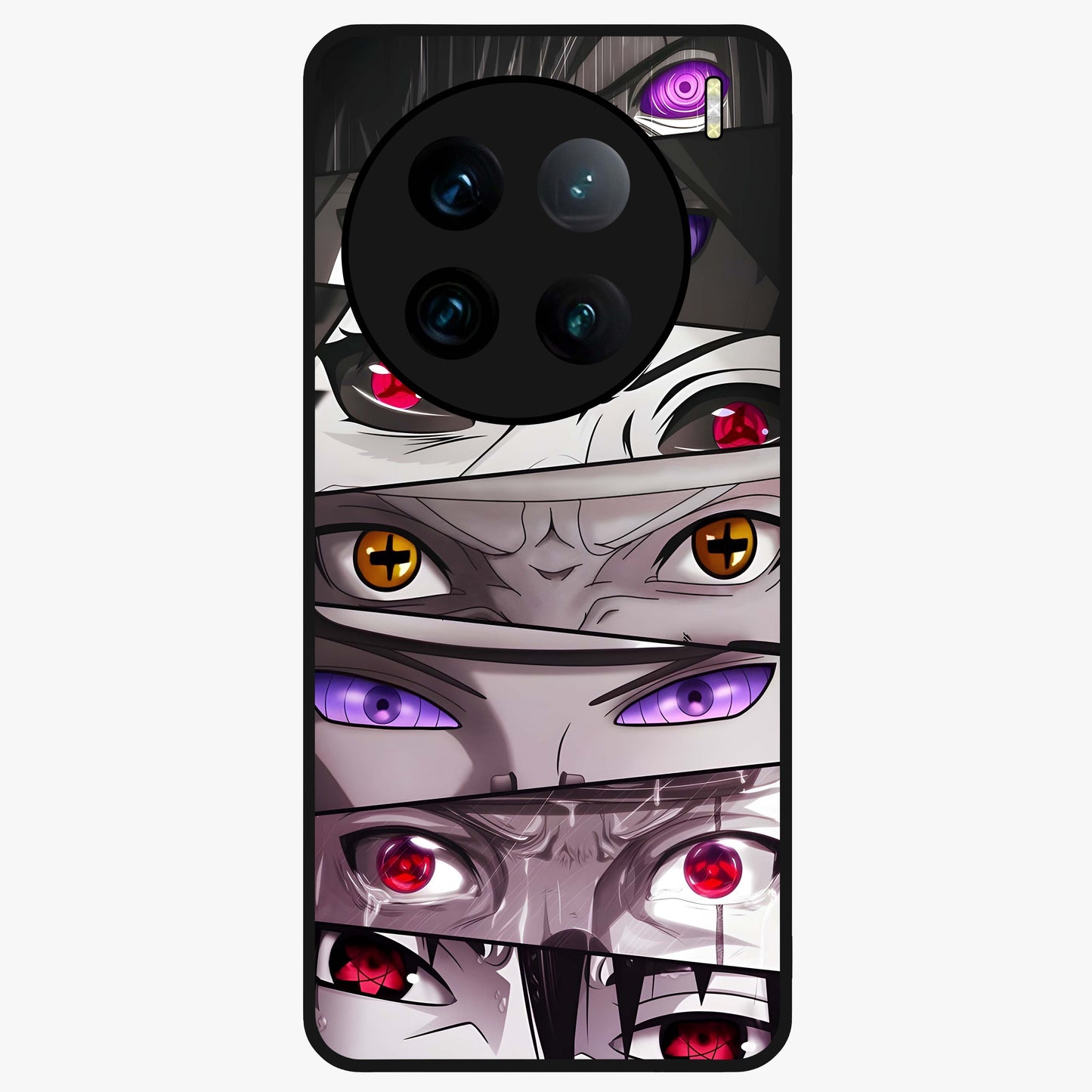 Eyes of Destiny Glass Case showing flat back view with striking eye themed artwork and glossy glass finish.