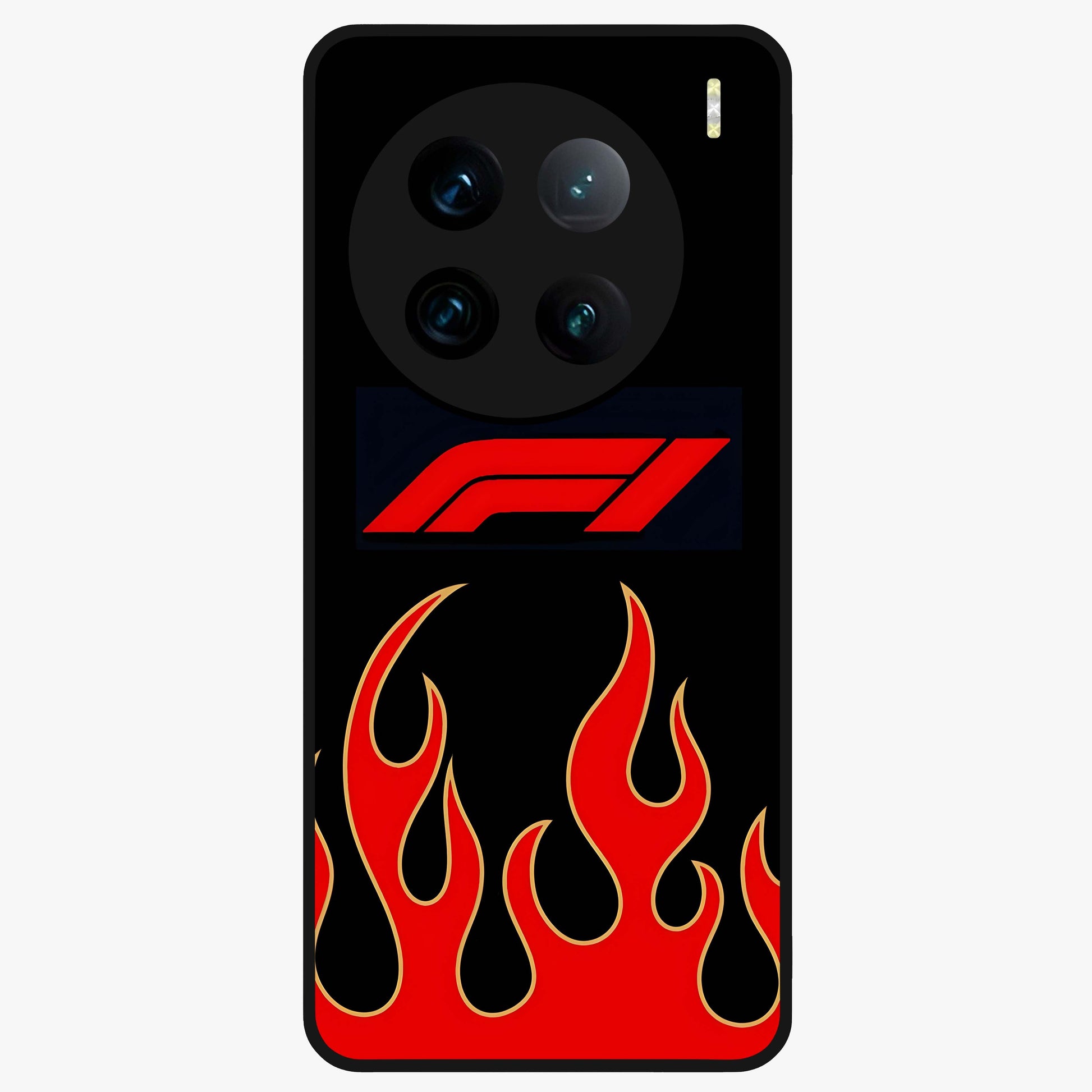 Fire F11 Glass Case showing flat back view with fiery themed artwork and glossy glass finish.