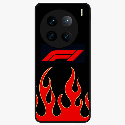 Fire F11 Glass Case showing flat back view with fiery themed artwork and glossy glass finish.