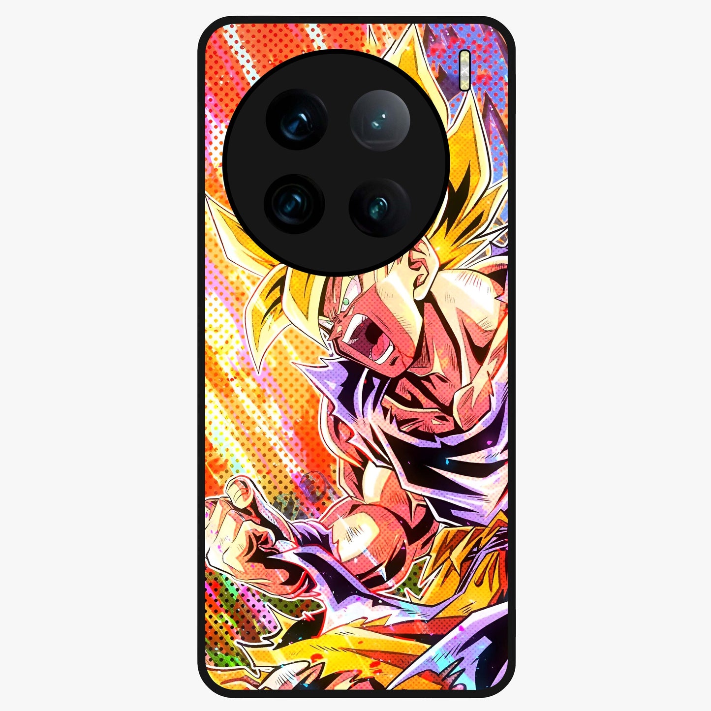 Firing Goku Glass Case showing flat back view with powerful anime inspired artwork and glossy glass finish.