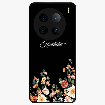 Floral Design With a Custom Personalized Name Glass Case showing flat back view with floral artwork and personalized name design.