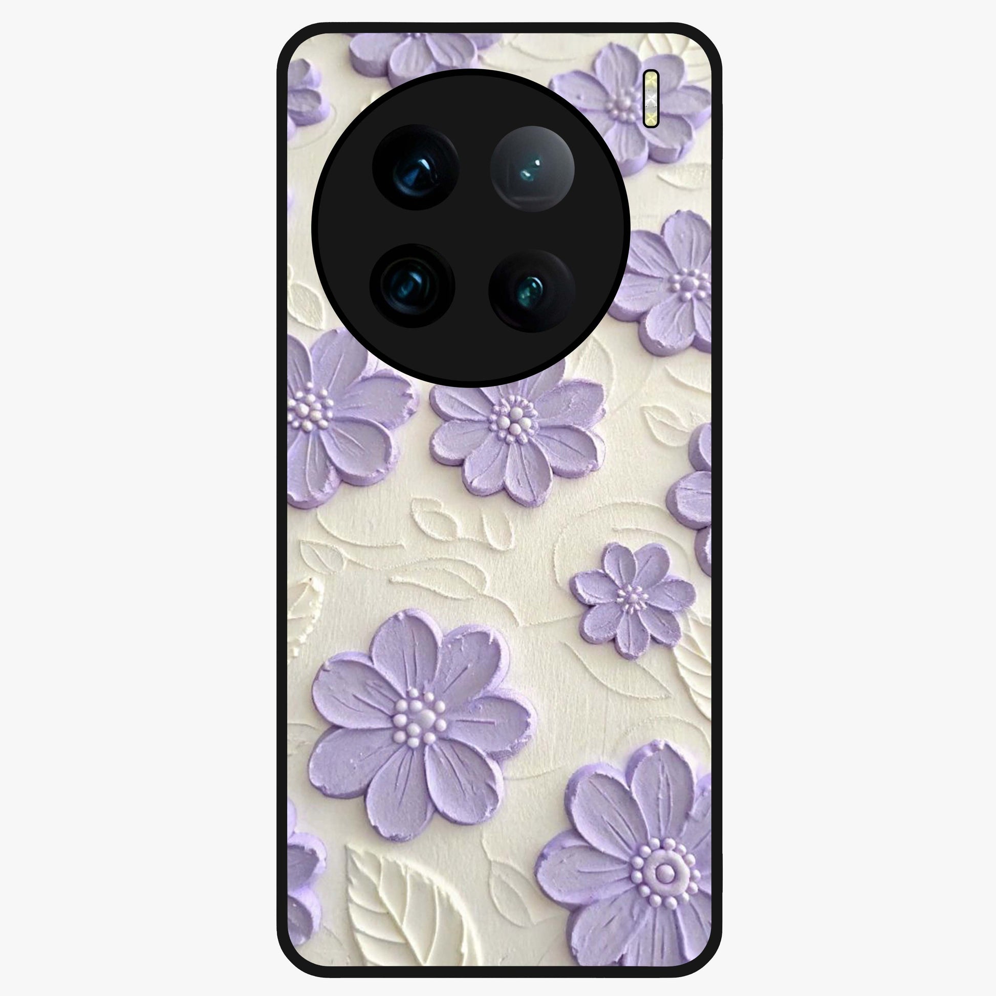 Floral Wall Art With Purple Flowers Glass Case showing flat back view with purple flower artwork and glossy glass finish.