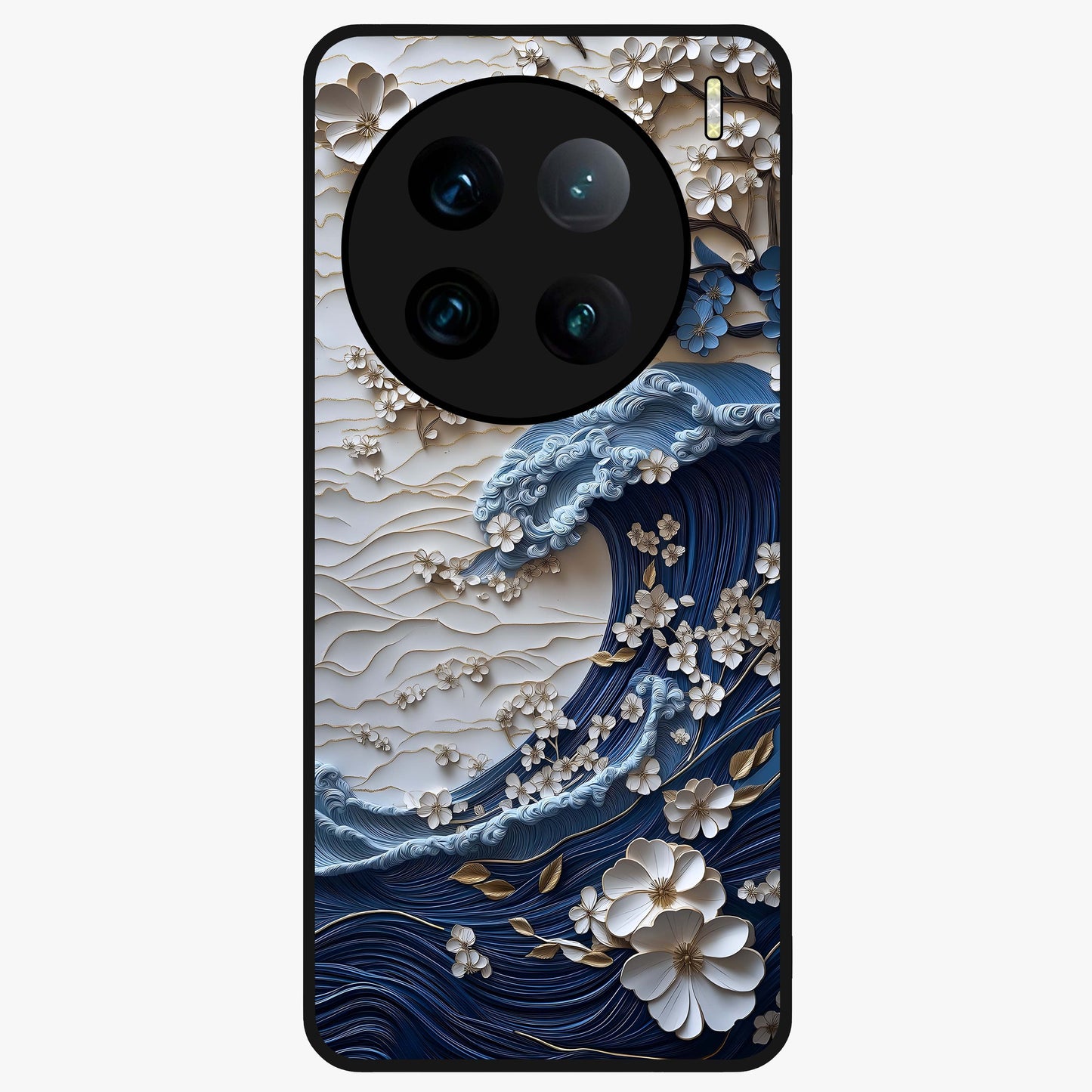 Floral Wave Origami Glass Case showing flat back view with origami inspired floral wave artwork and glossy glass finish.