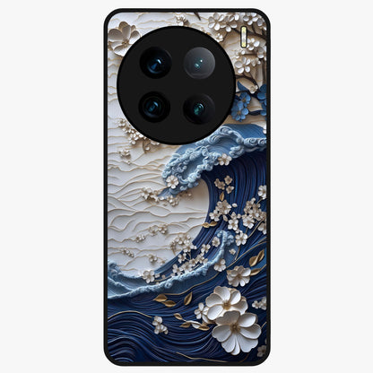 Floral Wave Origami Glass Case showing flat back view with origami inspired floral wave artwork and glossy glass finish.