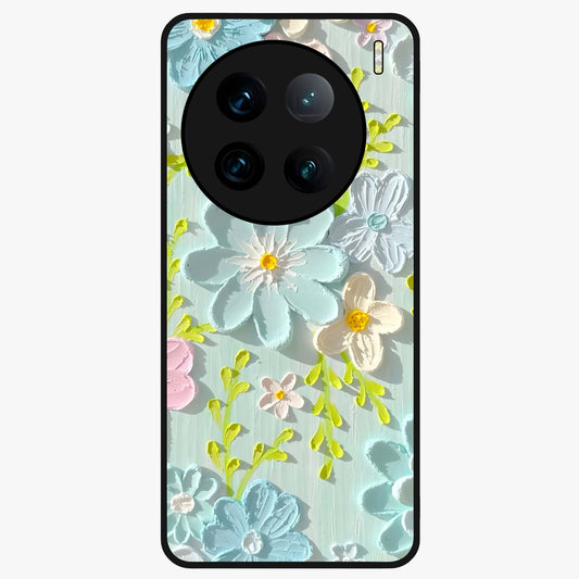 Frosted Petal Garden Glass Case showing flat back view with soft frosted floral artwork and glossy glass finish.