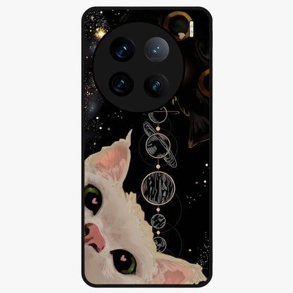 Galactic Cat Glass Case showing flat back view with cosmic cat artwork and glossy glass finish.